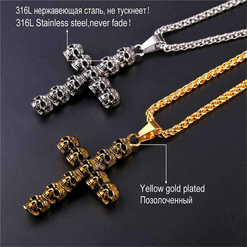 punk skull skeleton cross necklace for men retro design Biker jewelry with chain
