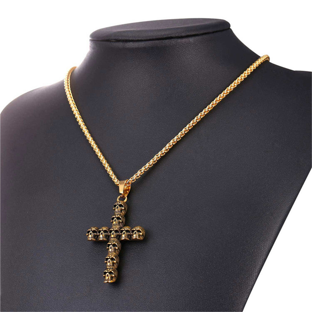 punk skull skeleton cross necklace for men retro design Biker jewelry with chain