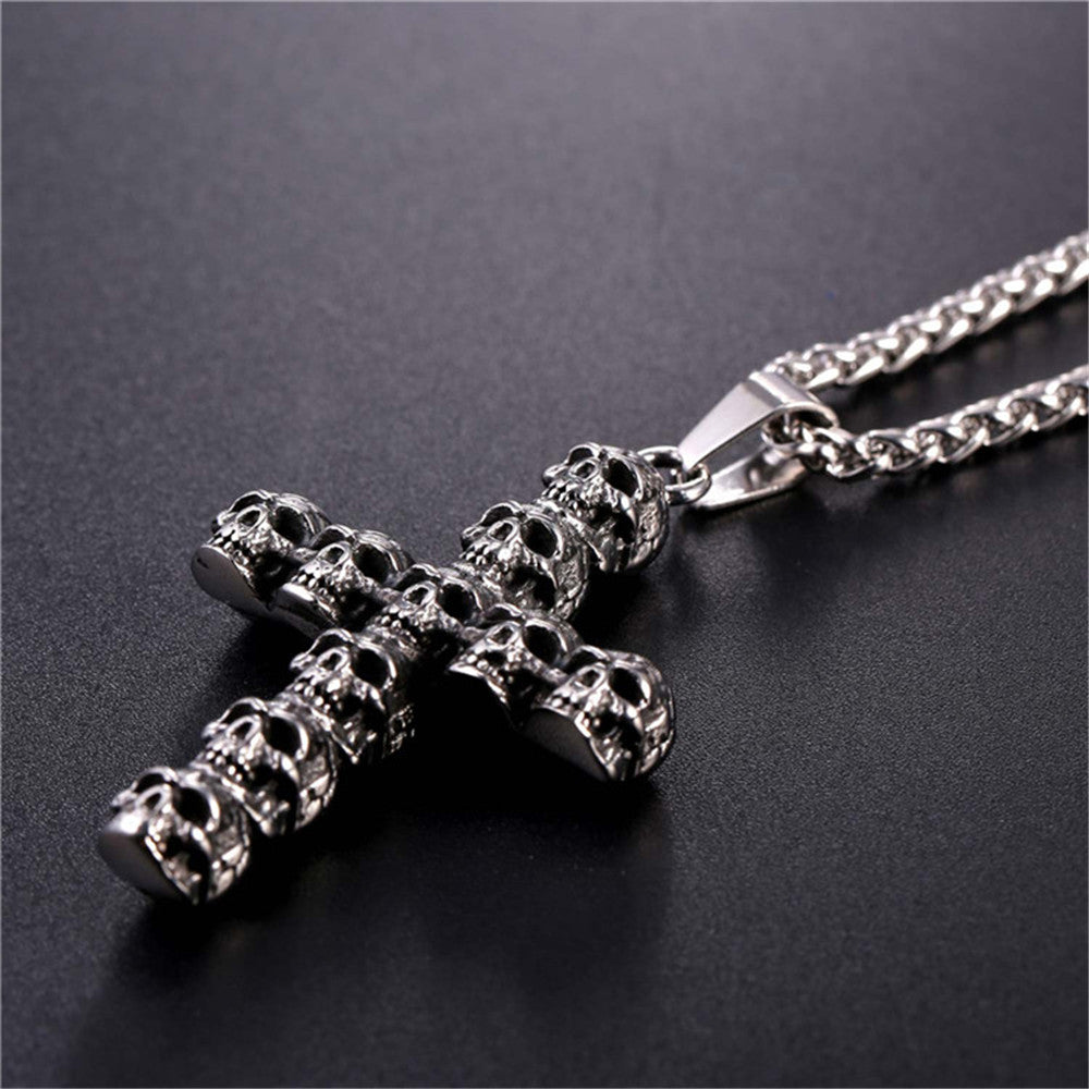 punk skull skeleton cross necklace for men retro design Biker jewelry with chain