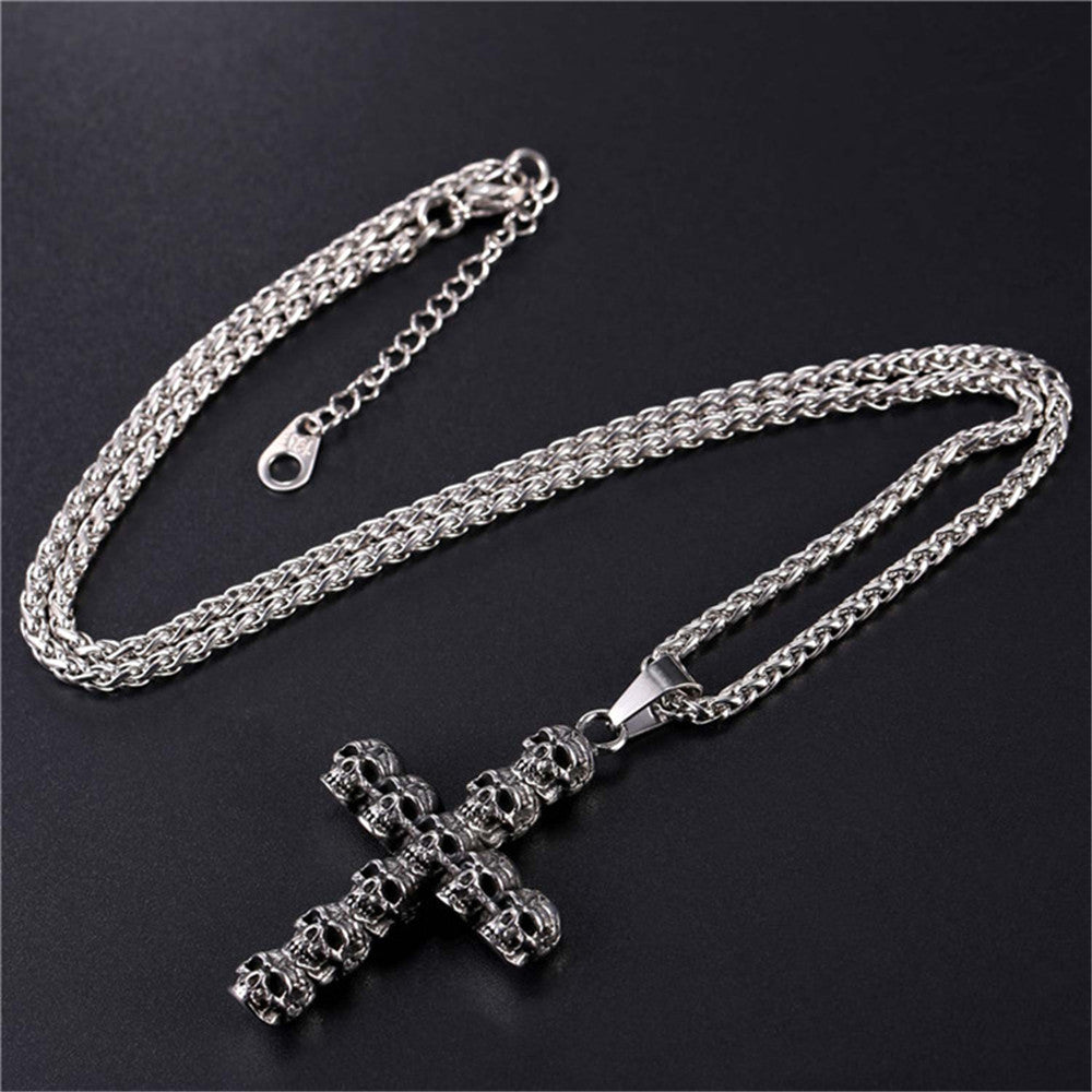 punk skull skeleton cross necklace for men retro design Biker jewelry with chain