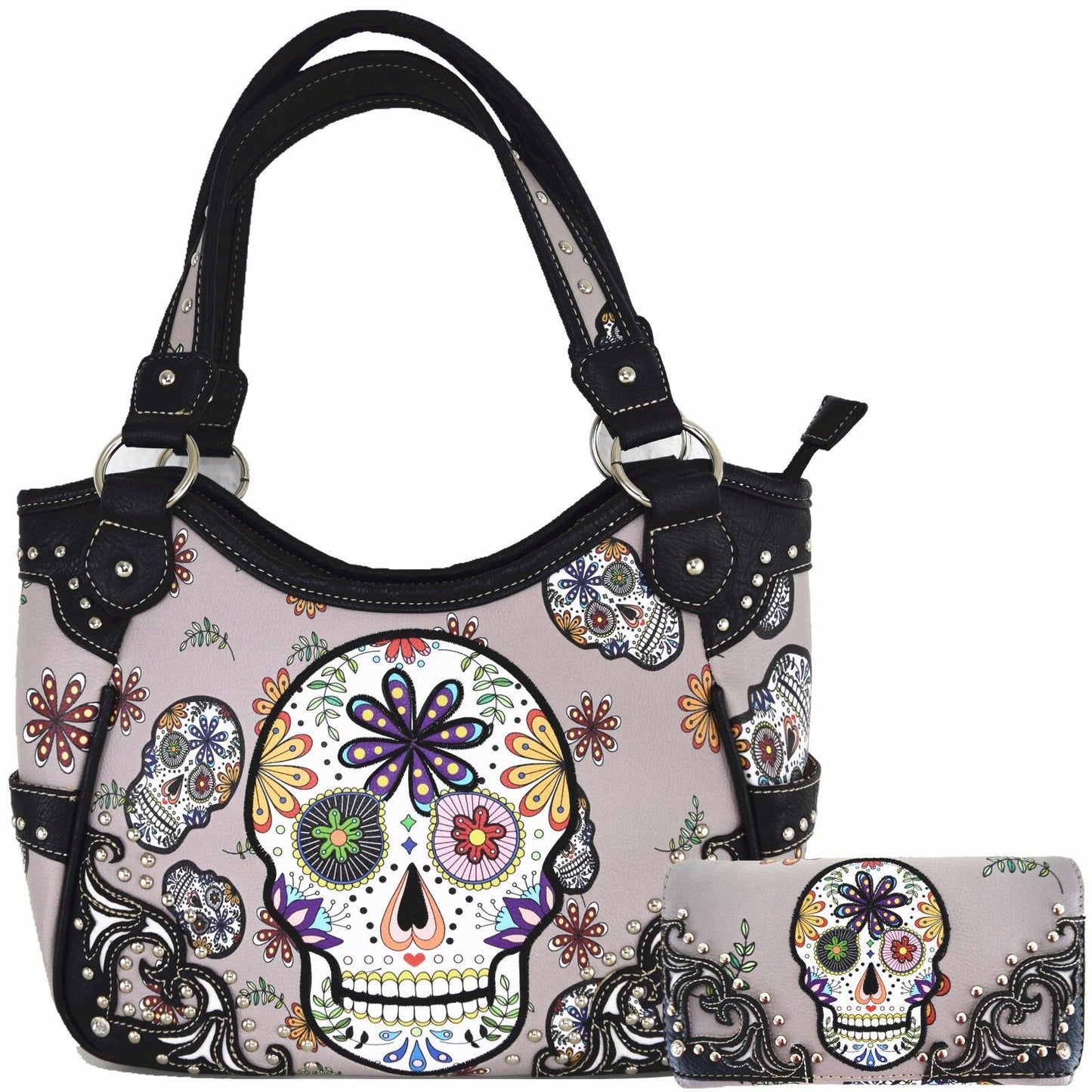 Set of 2 - Sugar Skull Handbag Women's Totes Shoulder Bag