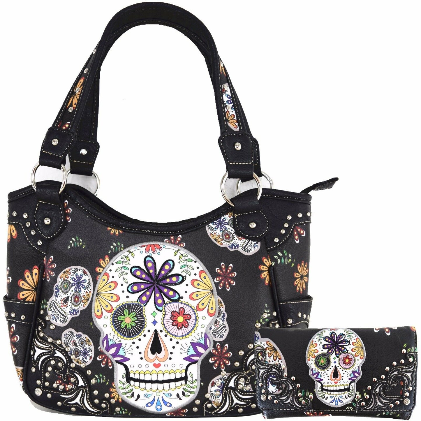Set of 2 - Sugar Skull Handbag Women's Totes Shoulder Bag