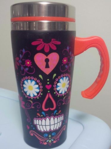 ALL BLACK FACE SKULL THERMAL INSULATED STAINLESS 16 OUNCE TRAVEL COFFEE MUG