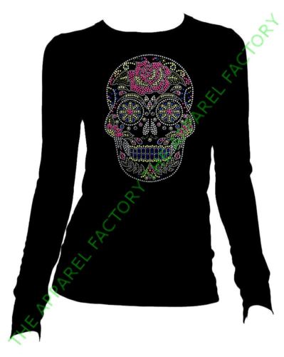 Junior's Rhinestone Day of the Dead Sugar Skull Long Sleeve T Shirt S-3XL tee