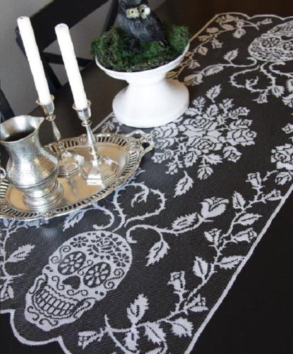 Heritage Lace Pewter Black SUGAR SKULLS Table Runner - 18" x 44" - Halloween