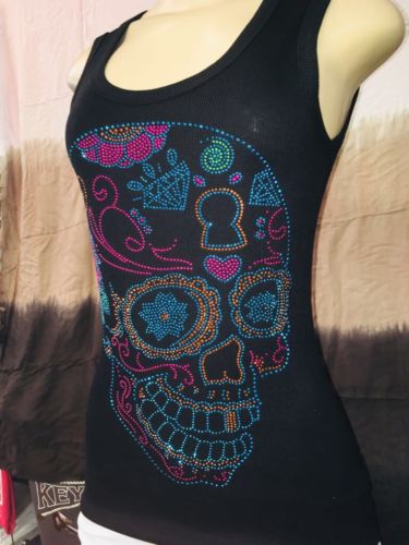 Sugar skull multi color rhinestone black tank top