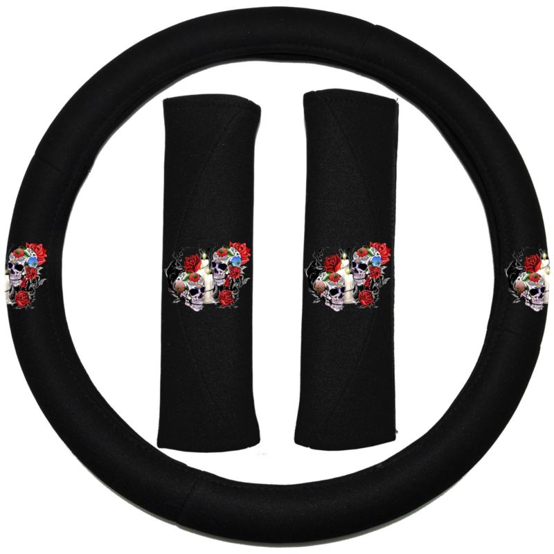Till Death Skull Red Rose Seat Covers Steering Wheel Set Universal Car Truck SUV