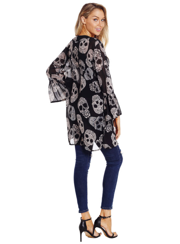 Womens Skull Print Chiffon Kimono Coat Flare Sleeve Summer Beach Casual Cardigan