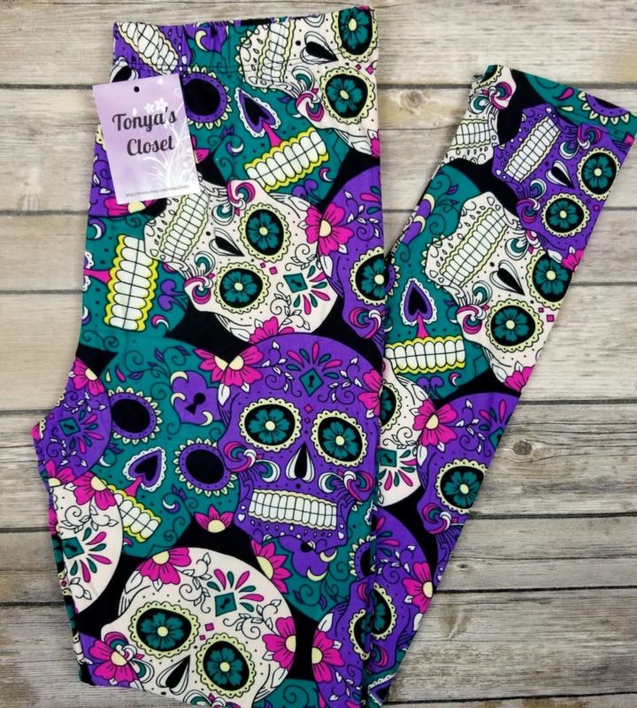 Sugar Skull Leggings Purple Teal Pink Skeleton Printed ONE SIZE OS 2-10
