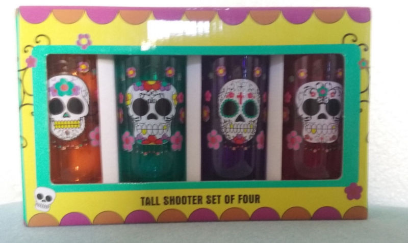 Sugar Skull Mexi Party Shots glass Skeleton Tall 2 oz Shooter Glasses Set of 4