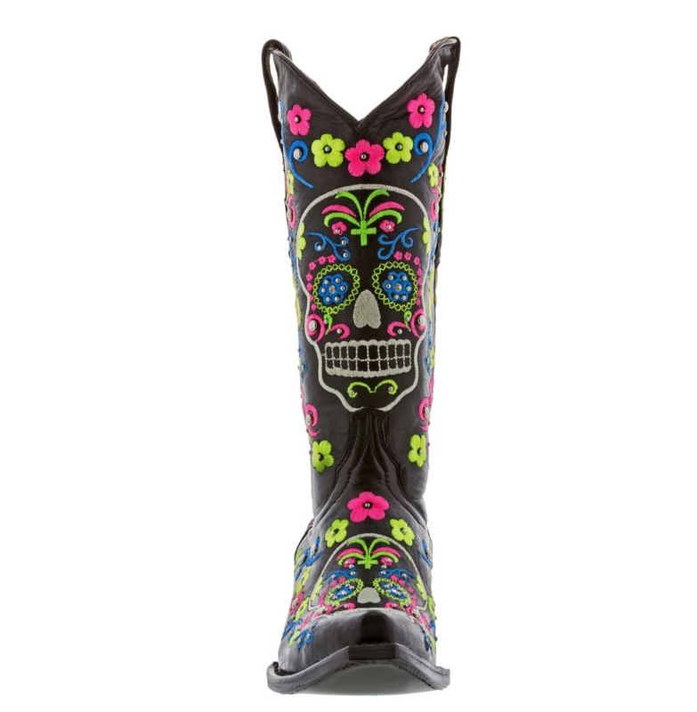 Womens Black Sugar Skull Halloween Leather Boots Western Cowgirl Style Snip Toe
