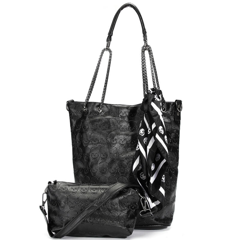 2Pcs Women Skull Handbag Shoulder Tote Purse Leather Crossbody Makeup Bag Set