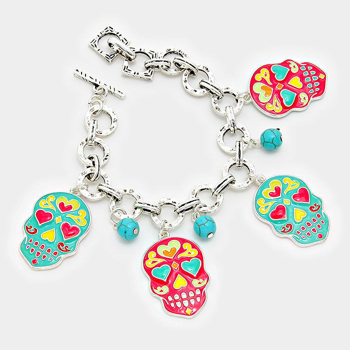 Day of the Dead Mexican Enamel Sugar Skull Silver Toned Charm Bracelet, 7.5"