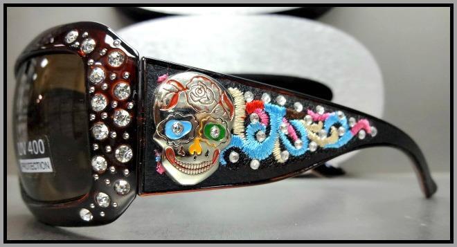 Women's WESTERN Bling COWGIRL SUN GLASSES Brown Frame & Lens Sugar Skull Concho