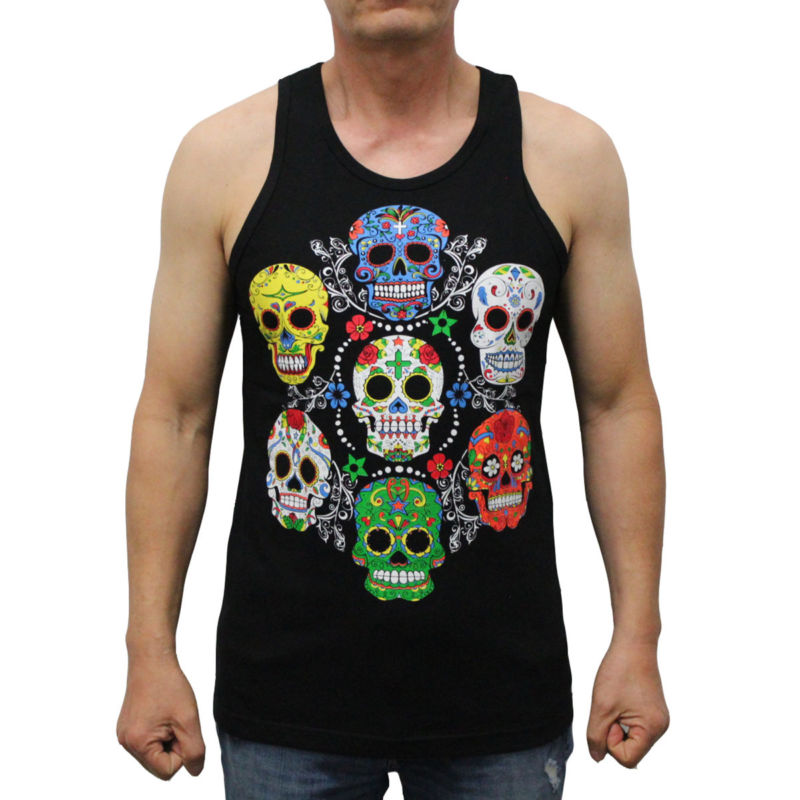 Colorful Sugar Skulls Graphic Men's Tank Top Shirt Black