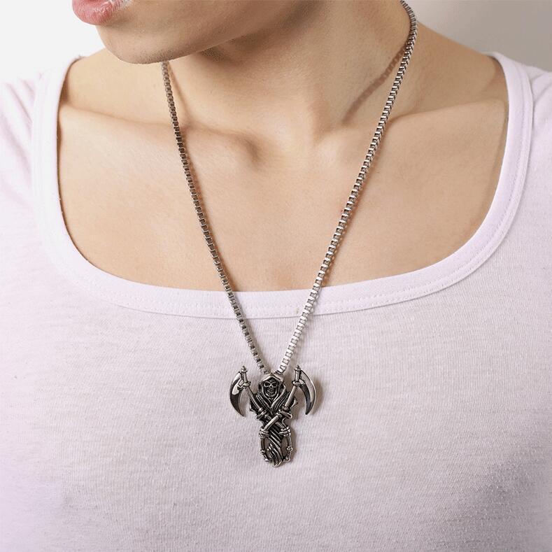 Men's Large Grim Reaper Skull Stainless Steel Biker Pendant Free Chain Necklace