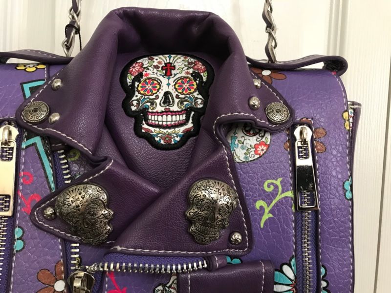 Cowgirl Trendy SUGAR SKULL MOTORCYCLE JACKET HANDBAG w/Flap & Chain Strap PURPLE