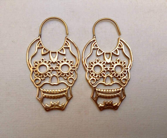 SKULL HANDMADE TRIBAL BRASS BOHO HOOP GYPSY EARRINGS GAUGES GIRLS