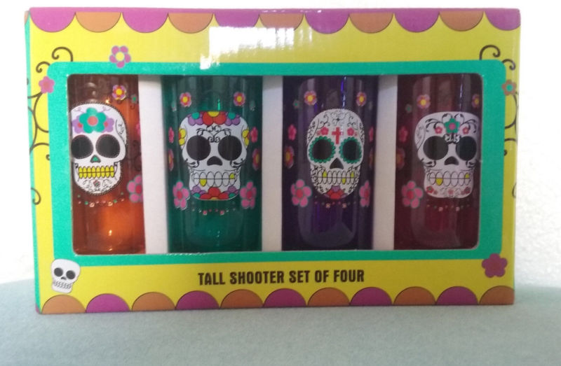 Sugar Skull Mexi Party Shots glass Skeleton Tall 2 oz Shooter Glasses Set of 4