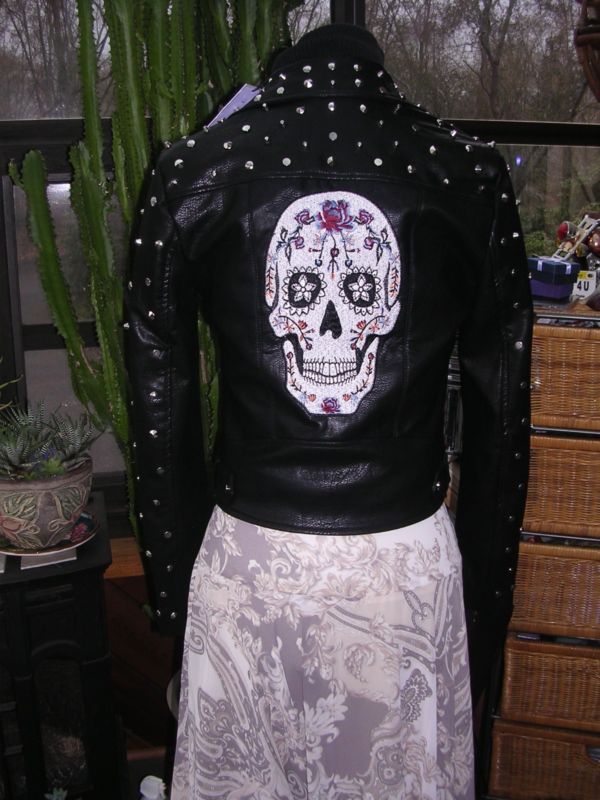 FREE GENERATION $225 LEATHER EMBROIDERED STUD SUGAR SKULL DAY OF THE DEAD JACKET