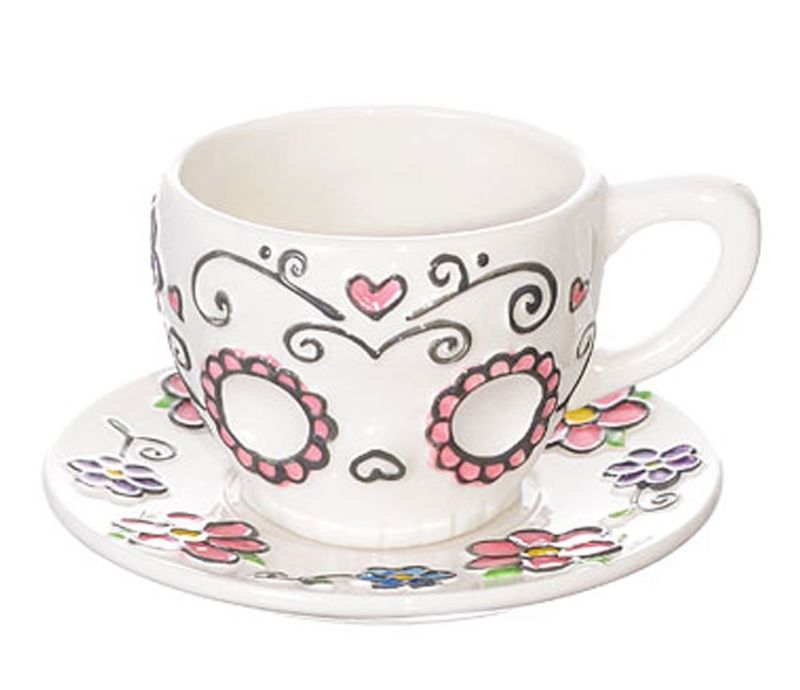 Ceramic Sugar Skull Teacup and Spoon & Leaf Tea Infuser