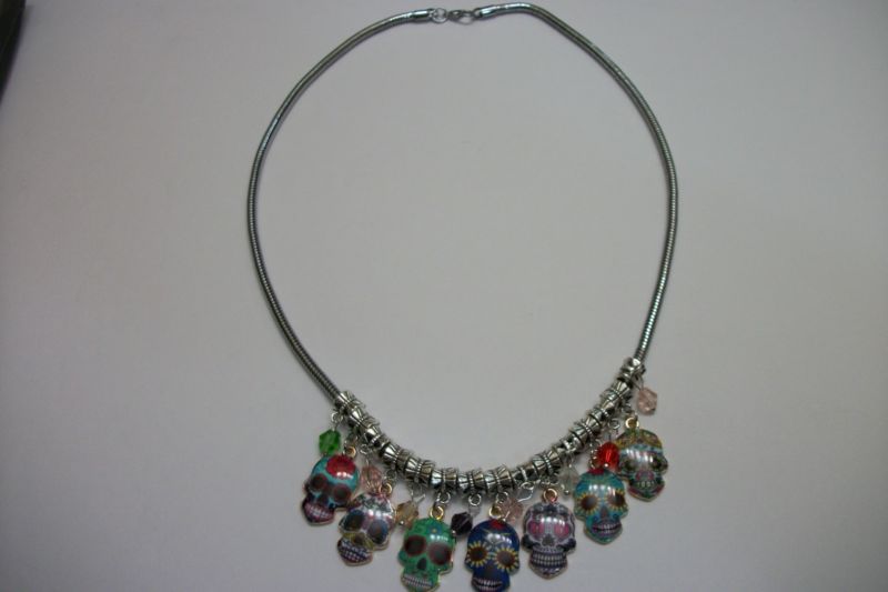19" SUGAR SKULL CHARM NECKLACE, DAY OF THE DEAD SKULL NECKLACE, Snake Chain, NEW