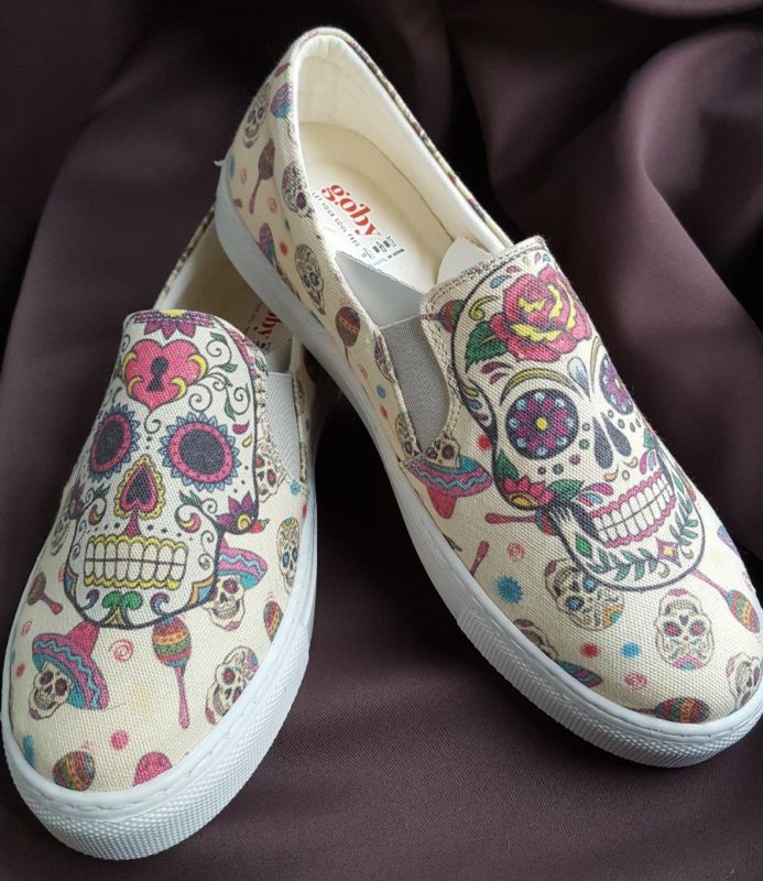 NEW GOBY SUGAR SKULL FLORAL SLIP-ON SNEAKER TENNIS SHOES BEIGE