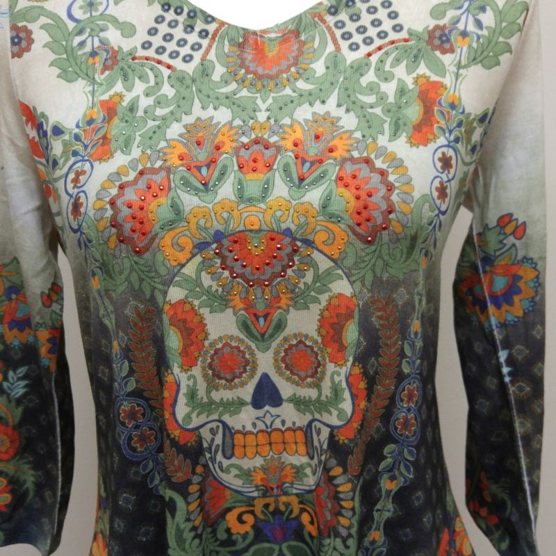 One World Day of the Dead Sugar Skull 3/4 Sleeve Blouse Top