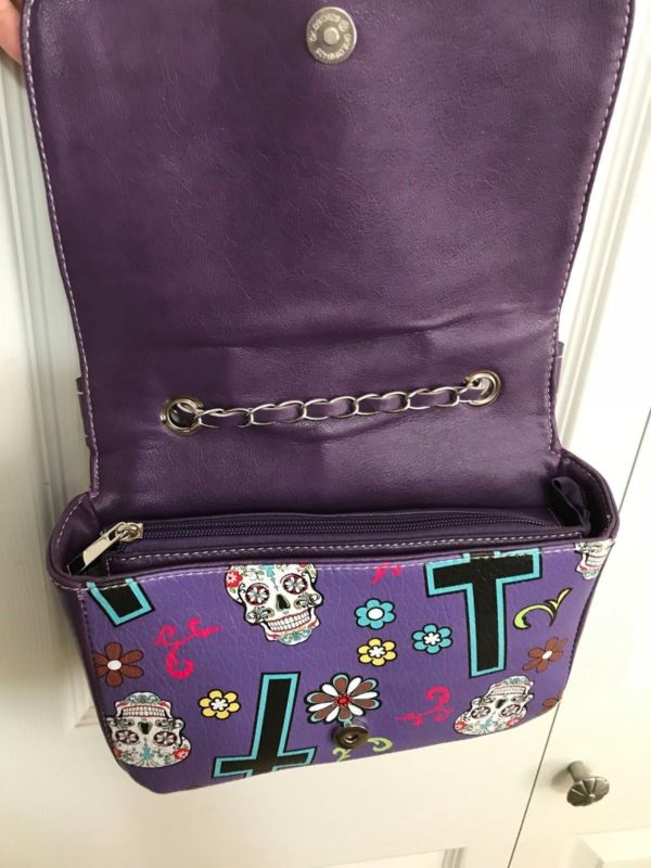 Cowgirl Trendy SUGAR SKULL MOTORCYCLE JACKET HANDBAG w/Flap & Chain Strap PURPLE