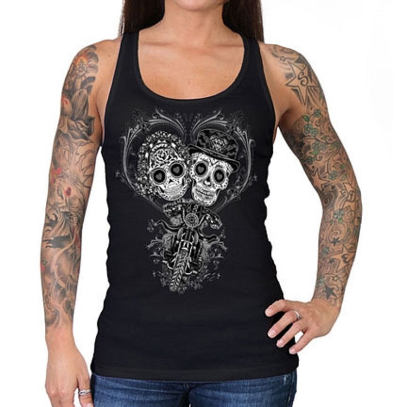 Ladies Sugar Skull COUPLE Tank Top Womens Motorcycle Biker Wedding t-shirt
