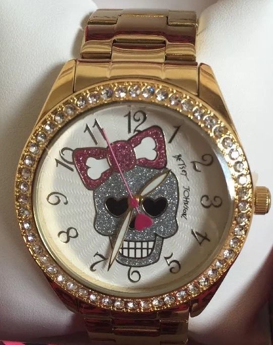 Betsey Johnson Sugar Skull Bow Watch Crystals Gold tone