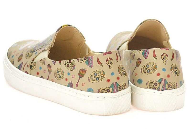NEW GOBY SUGAR SKULL FLORAL SLIP-ON SNEAKER TENNIS SHOES BEIGE