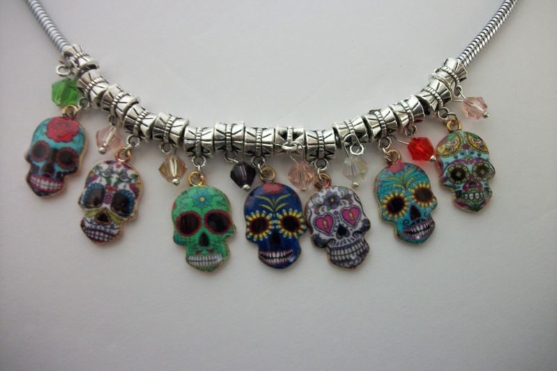 19" SUGAR SKULL CHARM NECKLACE, DAY OF THE DEAD SKULL NECKLACE, Snake Chain, NEW