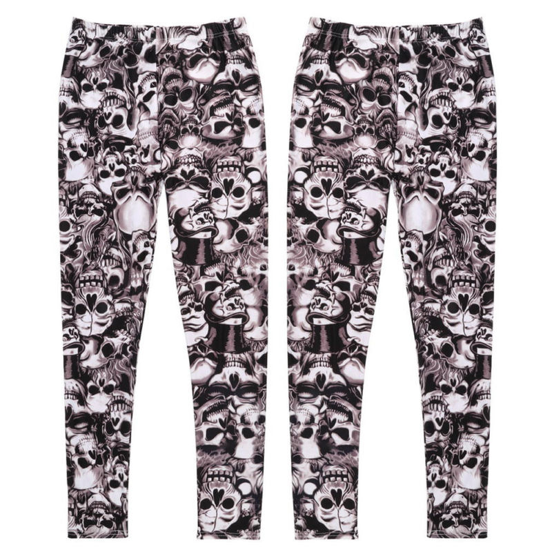 Sugar Skull Print Leggings Slim Stretchy Trousers Women's Skinny Pants Gracious