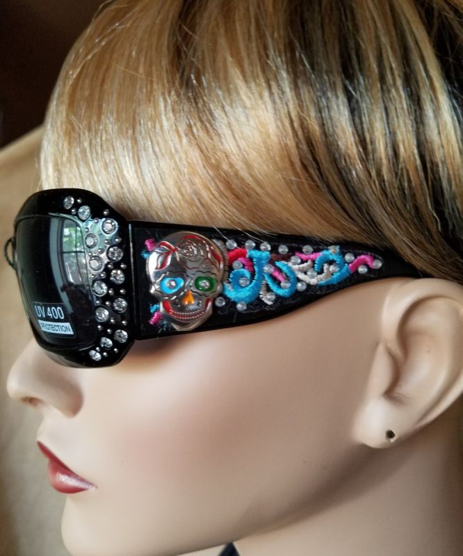 Black Frame Rhinestone Sugar Skull Embroidered Bling Sunglasses U V 400