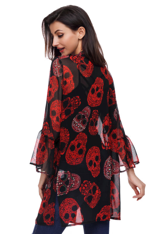 Womens Skull Print Chiffon Kimono Coat Flare Sleeve Summer Beach Casual Cardigan