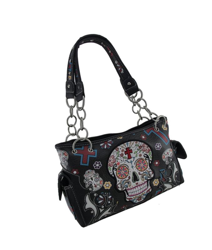 Sugar Skull Purse with Concealed Carry Pocket Day of The Dead Handbag Black