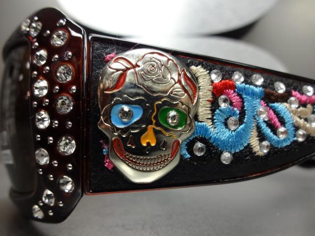 Women's WESTERN Bling COWGIRL SUN GLASSES Brown Frame & Lens Sugar Skull Concho