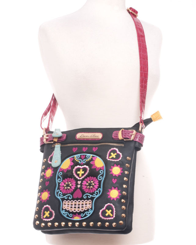 Ladies Biker Sugar Skull Purse Handbag Messenger Shoulder Bag