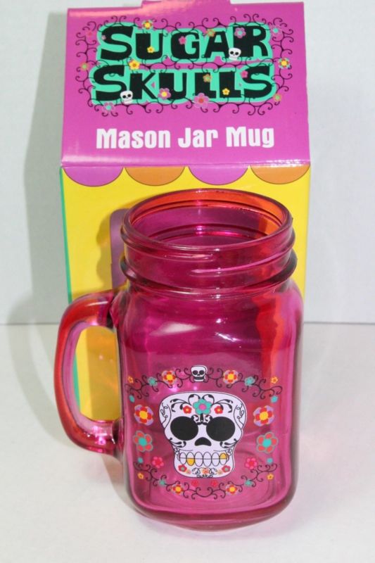 NEW SUGAR SKULLS Mason Jar Mug Glass TMD pink colored MIB