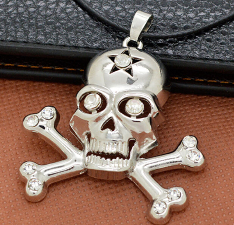 Men's Personalized Diamond Silver-Plated pirate Skull Pendant Chain Necklace