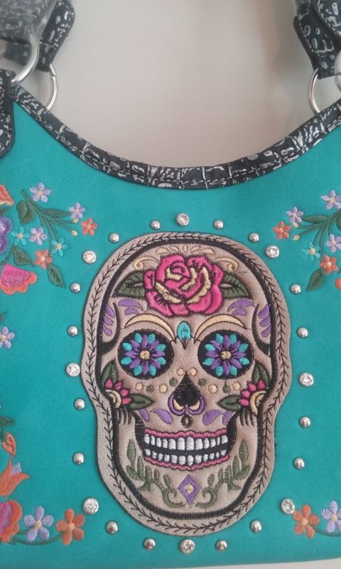 SUGAR SKULL CONCEALED CARRY HANDBAG PURSE BLUE COME WITH 2 FREE GIFTS - SKULL HAT AND A BRACELET