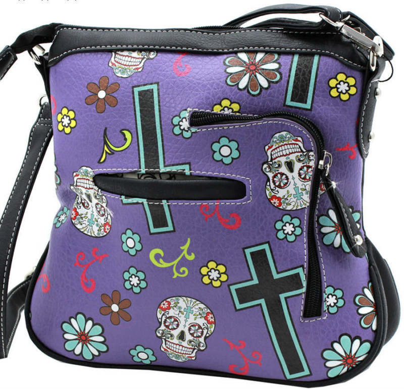 Purple Sugar Skull Concealed Carry Handgun Messenger Bag/Purse