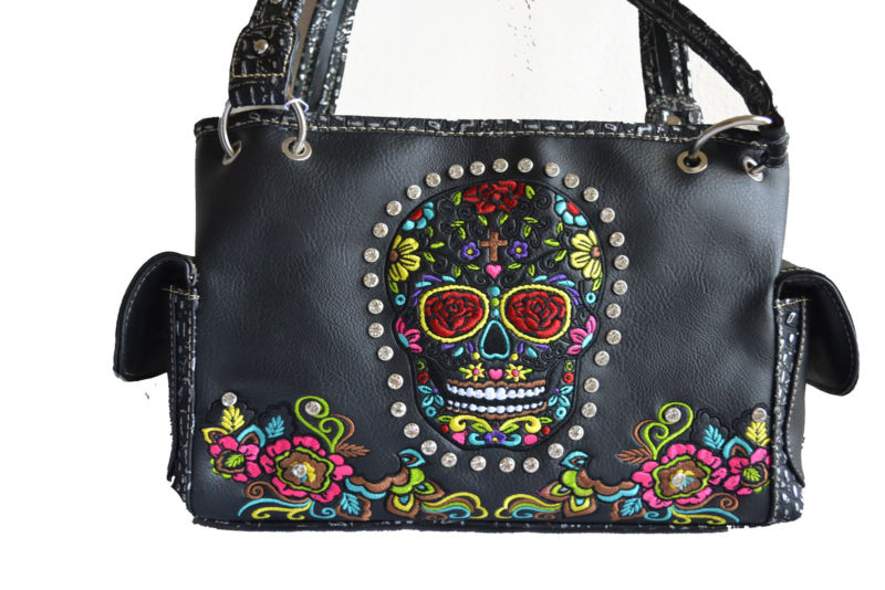 Western black embroidery sugar skull day of the dead handbag shoulder purse bag
