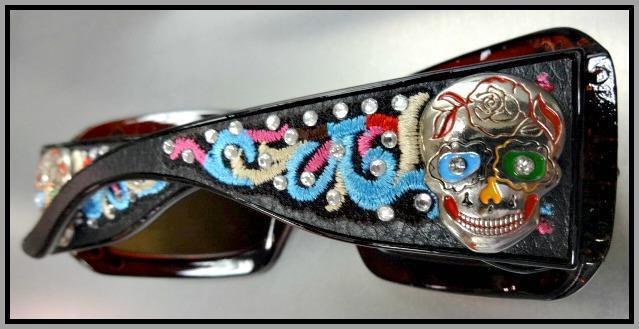 Women's WESTERN Bling COWGIRL SUN GLASSES Brown Frame & Lens Sugar Skull Concho