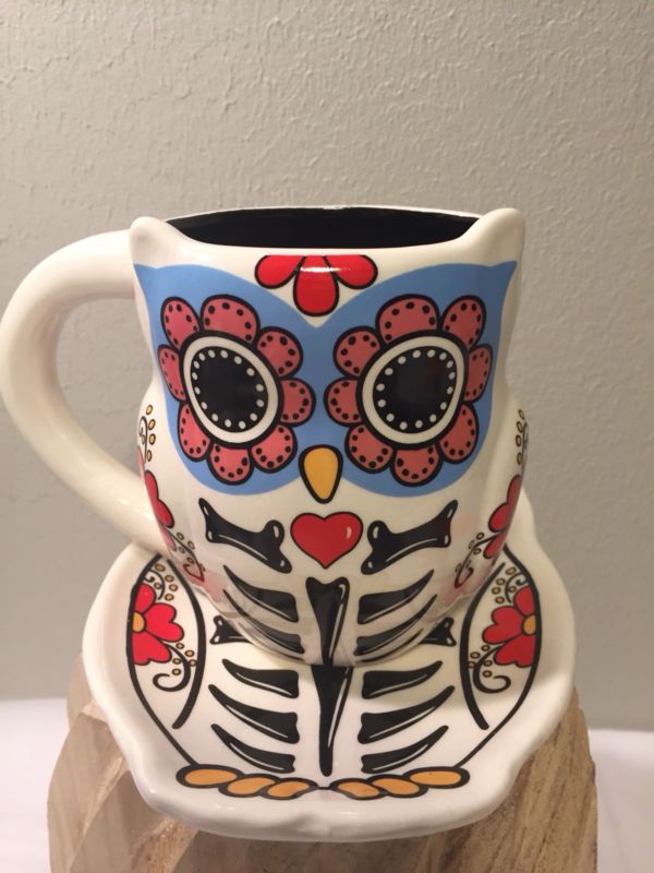 Cracker Barrel Sugar Skull Owl Mug /Cup & Plate Day Of The Dead Halloween NEW