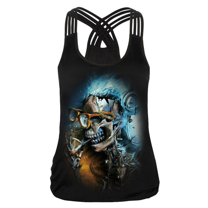 Summer Women's Gothic Animal Tank Tops Sexy Hollow Out 3D Skull Print T-Shirts