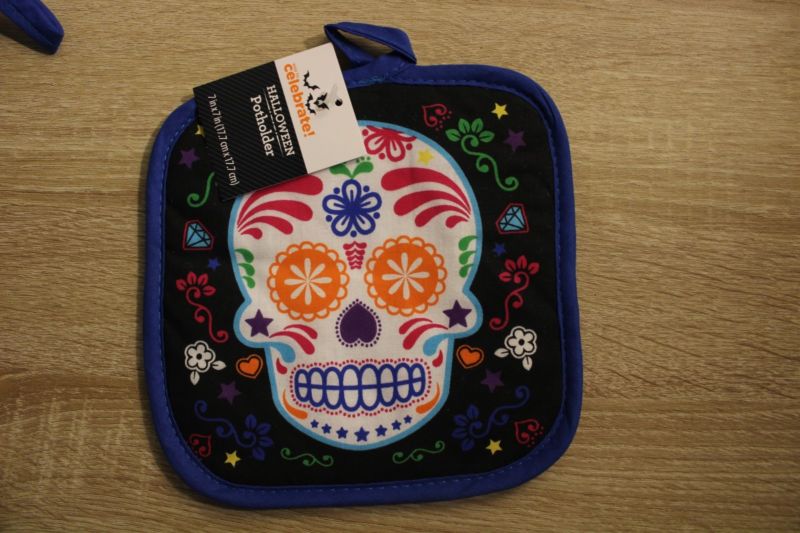 3pc Set Sugar Skull Day Of The Dead Halloween Kitchen Towel Potholder Oven Mitt