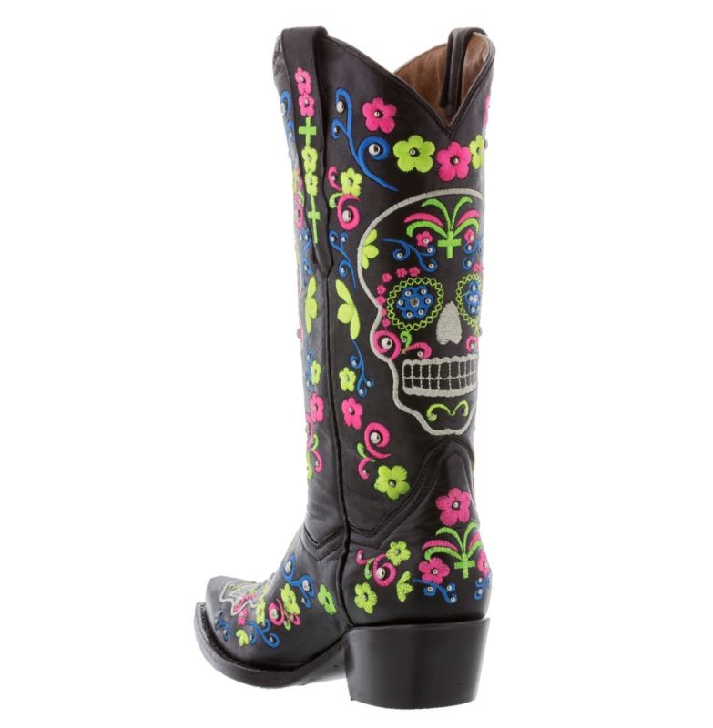 Womens Black Sugar Skull Halloween Leather Boots Western Cowgirl Style Snip Toe