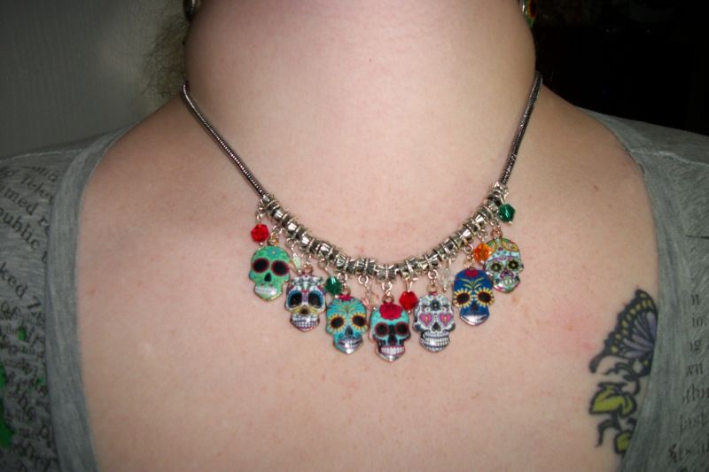 19" SUGAR SKULL CHARM NECKLACE, DAY OF THE DEAD SKULL NECKLACE, Snake Chain, NEW